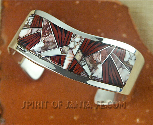 Navajo Silver inlay Bracelet with Black Jade, Red Coral and Magnasite