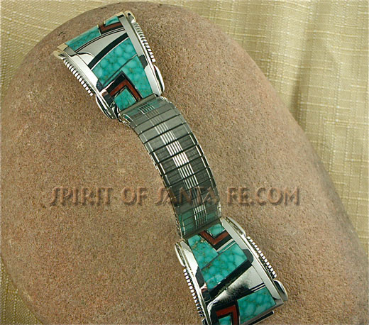 Navajo Silver inlay Watch Bracelet with Watermark Turquoise, Red Coral and Black Jade
