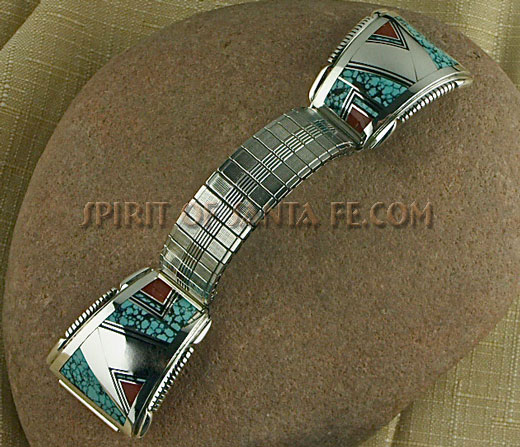 Navajo Silver inlay Watch Bracelet with Chinese Spiderweb Turquoise, Red Coral and Black Jade