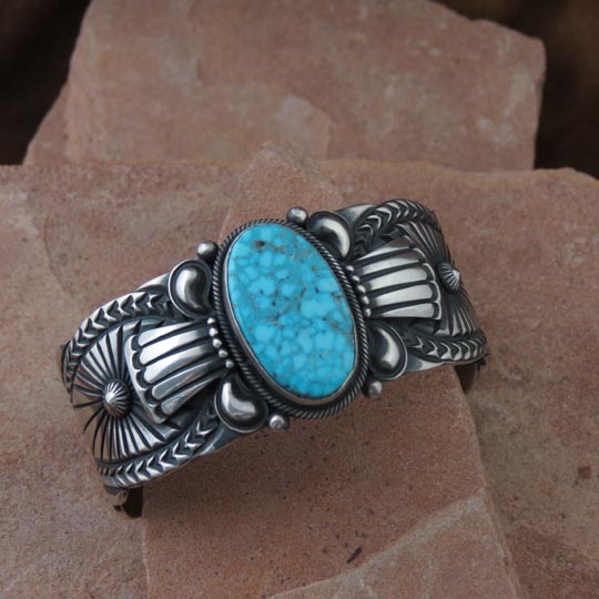 Sterling Silver Navajo Bracelet, Kingman Turquoise Sterling Silver Navajo Bracelet, Turquoise