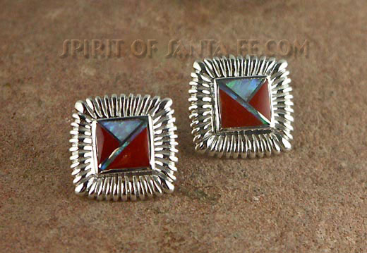 Navajo Silver earring hand inlayed with Red Coral and Cultured Opal