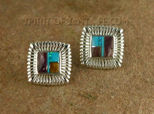 Navajo Silver earring hand inlayed with Purple Spiny Oyster shell and Sleeping Beauty Turquoise