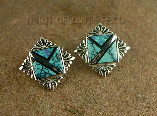 Navajo Silver earring hand inlayed with Black Jade Chinese Turquoise and Cultured Opal