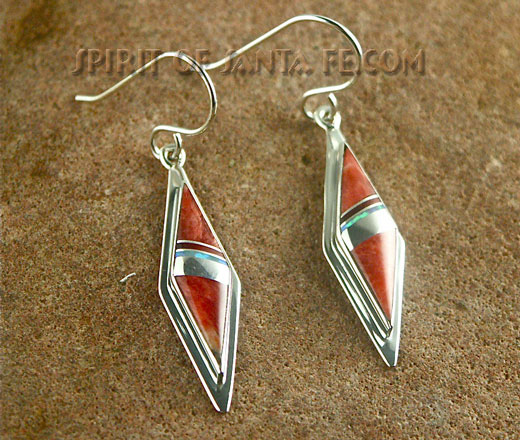 Navajo Silver Earrings inlayed with Orange and Red Spiny Oyster Shell and Cultured Opal