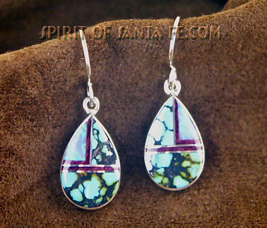 Navajo Silver Earrings inlayed with Turquoise, Purple Spiny Oyster Shell and Cultured Opal