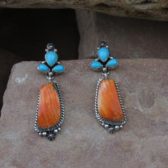 Sterling Silver Earrings- Spiny oyster shell and Turquoise