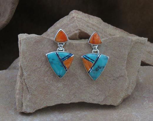 Sterling Silver Earrings- Orange Spiny Oyster, Turquoise and Opal