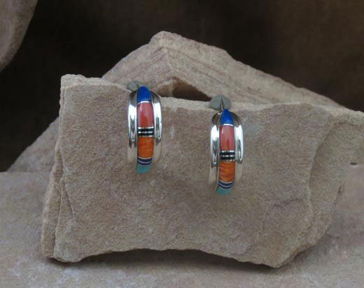 Sterling Silver Earrings- Orange and Red Spiny Oyster, Turquoise and Lapis
