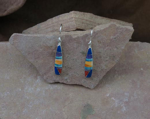 Sterling Silver Earrings- Orange Spiny Oyster, Turquoise, Lapis, Charolite and Opal