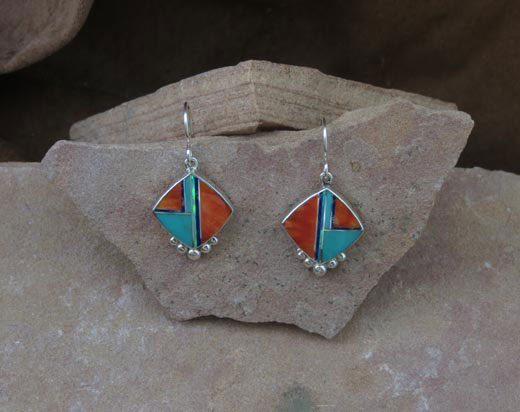 Sterling Silver Earrings- Orange Spiny Oyster, Turquoise and Opal