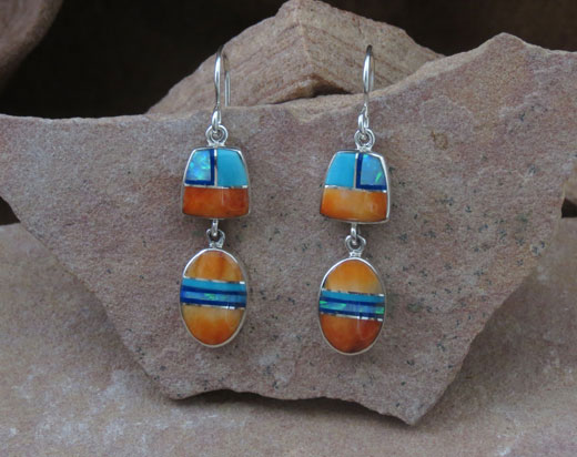 Sterling Silver Earrings- Sleeping Beauty Turquoise, Cultured Opal, Lapis and Spiny Oyster Shell