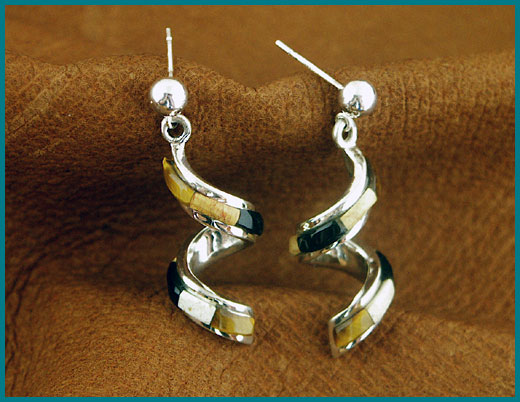 Navajo Silver, Black Jet, Jasper and Tiger Eye Earrings