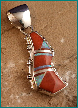 Navajo Silver, Orange Spiny Oyster shell and Cultured opal Pendant