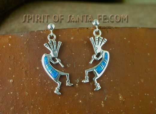 Navajo Silver Kokopelli earring hand inlayed with Cultured Opal