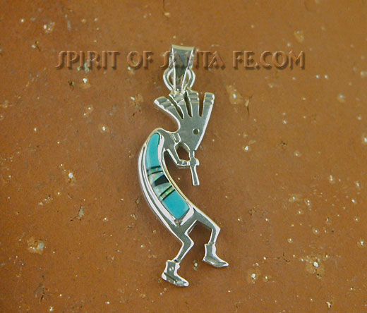 Navajo Kokopelli Sterling silver Sleeping Beauty Turquoise, Black Jet and Cultured Opal Pendant