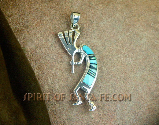 Navajo Sterling silver Kokopelli Sleeping Beauty Turquoise, Black Jet and Cultured Opal Pendant