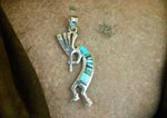 Genuine Navajo Sleeping Beauty Turquoise, Black Jet and Cultured Opal Kokopelli Pendant
