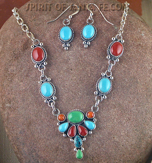 Navajo Solid Sterling Silver Sleeping Beauty Turquoise, Coral, Oyster, Gaspeite  Necklace