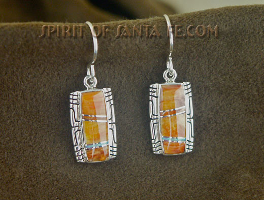 Navajo Silver Earrings inlayed with Orange Oyster shell and Cultured Opal