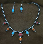 Genuine Navajo Sterling Silver Necklace, Earring Set- Spiny Oyster Shell, Coral, Turquoise