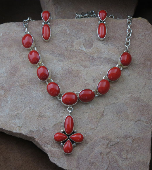 Navajo Red Coral Necklace and earring set
