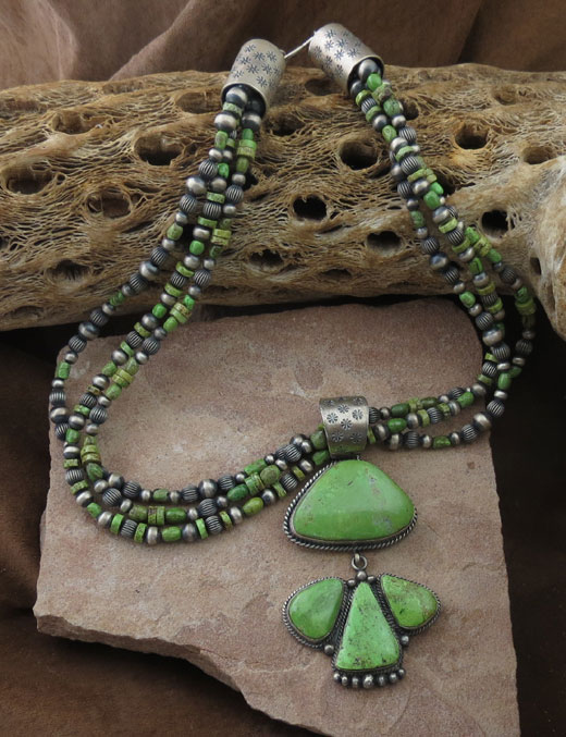 Navajo Solid Sterling Silver Gaspeite Necklace and Pendant