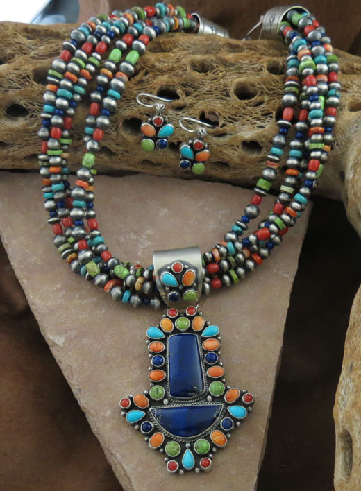 Navajo Solid Sterling Silver Lapis and Spiny Oyster Shell Necklace and Pendant