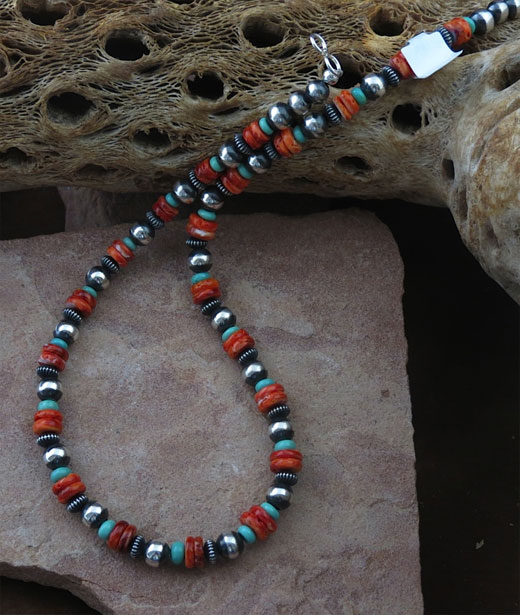 Navajo Solid Sterling Silver Red Spiny Oyster Shell Necklace and Pendant