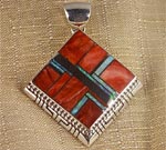 Genuine Navajo Sterling Silver Pendant with Red and Orange Spiny Oyster shell and cultured Opal inlays