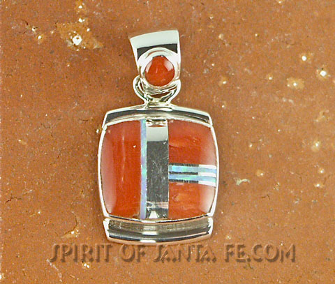 Navajo Silver Pendant inlayed with Red Coral and Cultured Opal