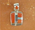 Genuine Navajo Sterling Silver Pendant with Red Coral, Cultured opal inlays