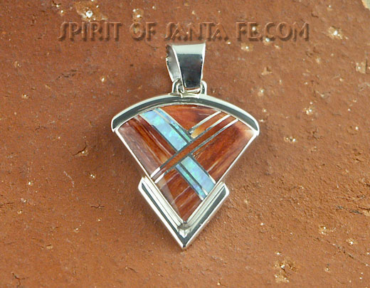 Navajo Silver Pendant inlayed with Red Spiny Oyster Shell and Cultured opal