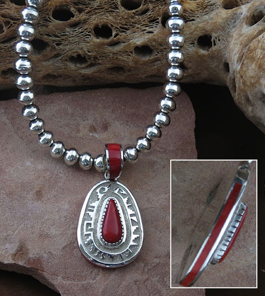 Navajo Solid Sterling Silver Red Coral Pendant