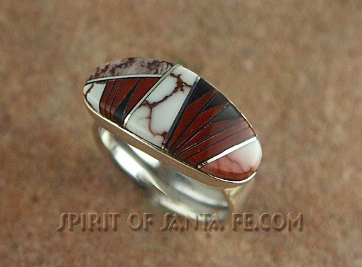 Navajo Silver Ring inlayed with Black Jade, Red Coral and Magnasite