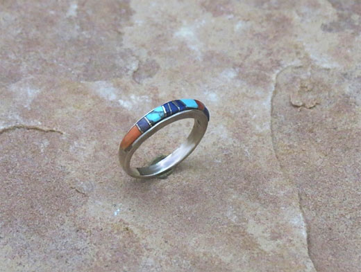Navajo Sterling Silver Ring- Sleeping Beauty Turquoise, Orange Spiny Oyster Shell, Sugelite, Gaspeite, Opal and Jet