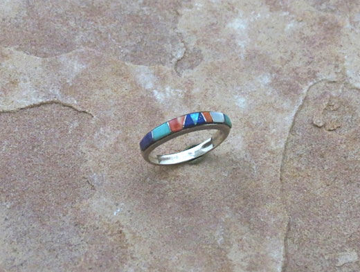 Navajo Sterling Silver Ring- Sleeping Beauty Turquoise, Orange Spiny Oyster Shell, Sugelite, Gaspeite, Opal and Jet