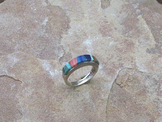 Navajo Sterling Silver Ring- Sleeping Beauty Turquoise, Orange Spiny Oyster Shell, Sugelite, Gaspeite, Opal and Jet