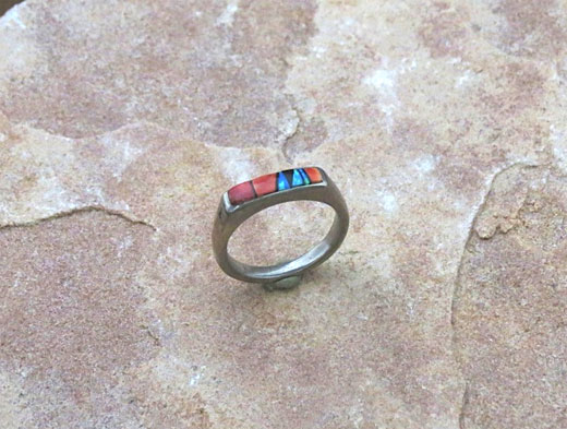 Navajo Sterling Silver ring- Sleeping Beauty Turquoise, Orange Spiny Oyster Shell, Sugelite, Gaspeite, Opal and Jet Navajo Sterling Silver Ring- Sleeping Beauty Turquoise, Orange Spiny Oyster Shell, Sugelite, Gaspeite, Opal and Jet