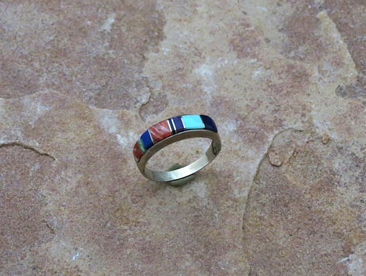 Navajo Sterling Silver Ring- Sleeping Beauty Turquoise, Spiny Oyster Shell, Lapis and Jet