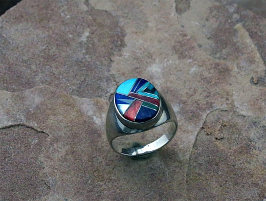Navajo Sterling Silver Ring- Sleeping Beauty Turquoise, Spiny Oyster Shell, Lapis and Jet