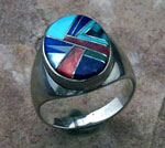 Genuine Navajo Sterling Silver and Turquoise, Spiny Oyster Shell, Lapis, and Jet Ring