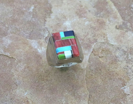Navajo Sterling Silver Ring- Sleeping Beauty Turquoise, Spiny Oyster Shell, Lapis and Jet