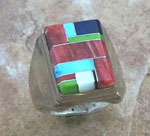 Genuine Navajo Sterling Silver and Turquoise, Spiny Oyster Shell, Lapis, and Jet Ring