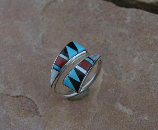 Navajo Sterling Silver Adjustable Ring with Turquoise, Red Coral, Mother
of Pearl and Jet