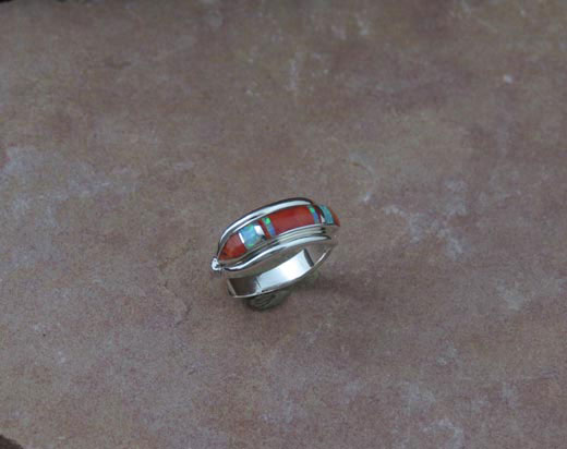 Navajo Sterling Silver Ring, Orange Spiny Oyster Shell and Opal
