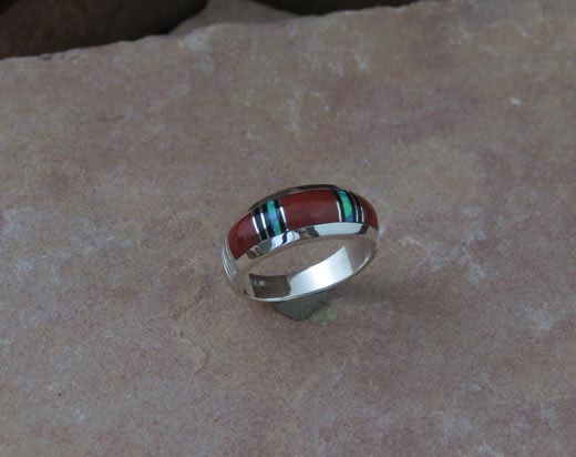 Navajo Sterling Silver Ring, Red Coral, Cultured Opal and Black Onyx