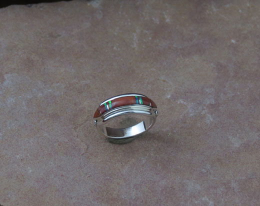 Navajo Sterling Silver Ring, Orange Spiny Oyster Shell and Opal