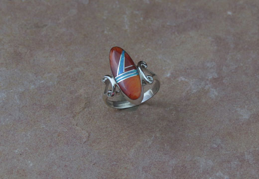 Navajo Sterling Silver Ring, Orange Spiny Oyster and Opal