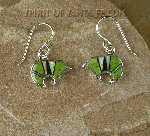 Gaspeite, Black jet and cultured opal Fetish Bear Earrings