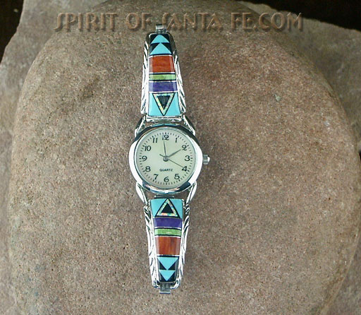 Silver and Muti-Stone Inlay Navajo Watch Bracelet Silver and Muti-Stone Inlay Navajo Watch Bracelet